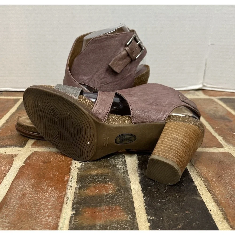Sofft Christine Stacked Heel Sandals Women's 9‎ Leather Brown Silver Strappy